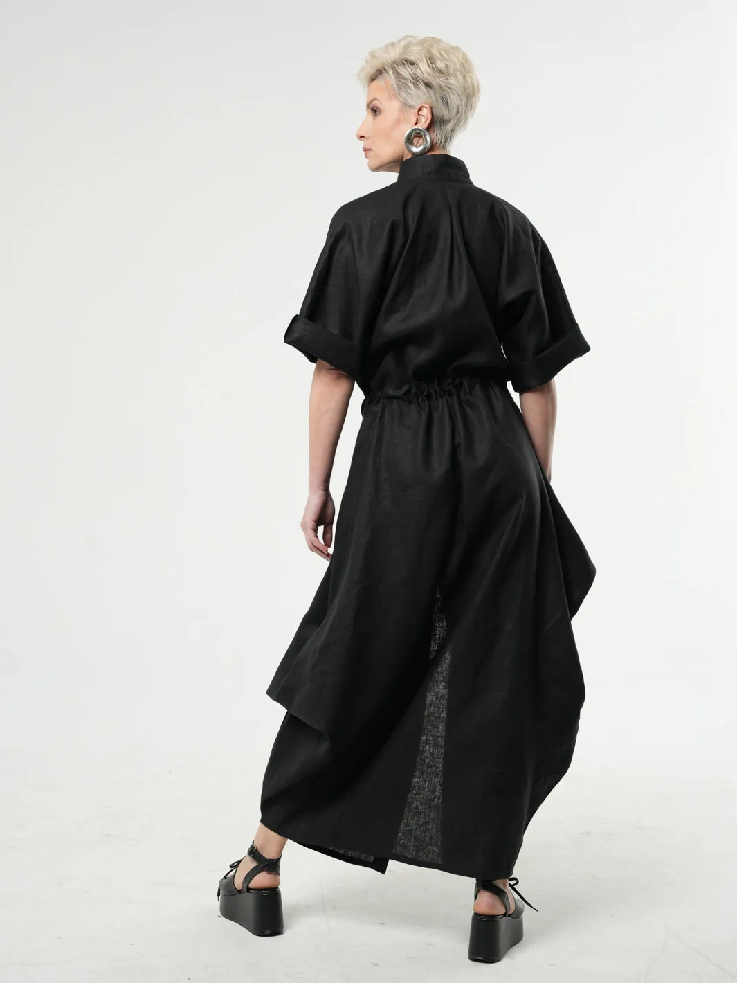 Maxi Linen Shirt Dress in Black