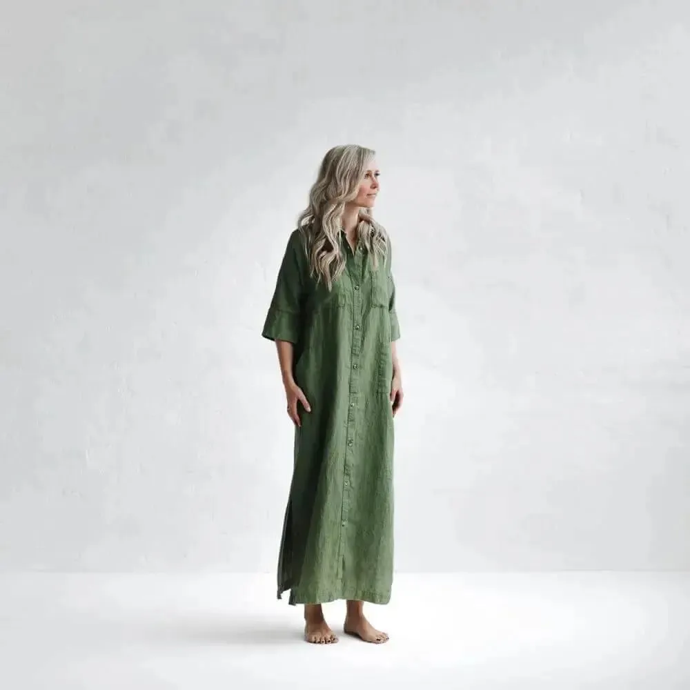 Maxi Linen Shirt-Dress in Olive by Seaside Tones