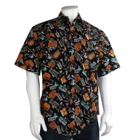 Men’s Gone Fishing Print Short Sleeve Western Shirt in Black