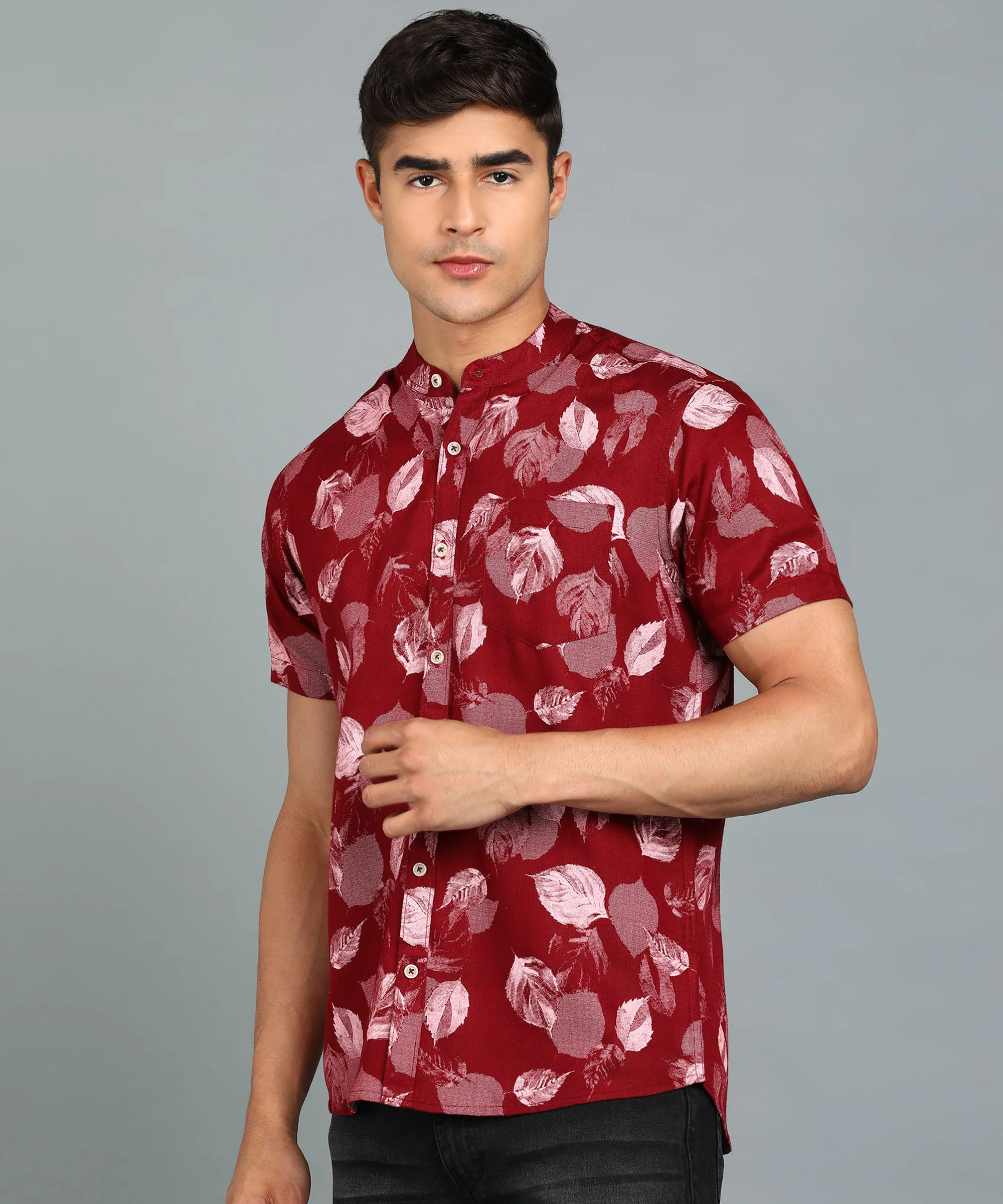 Men's Maroon Cotton Half Sleeve Slim Fit Casual Floral Printed Shirt