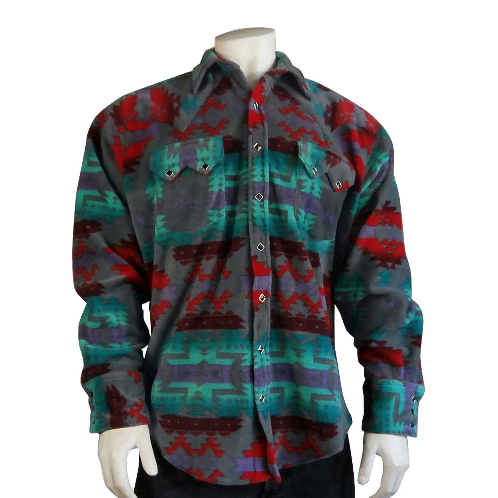 Men's Native Pattern Fleece Western Shirt in Grey & Red