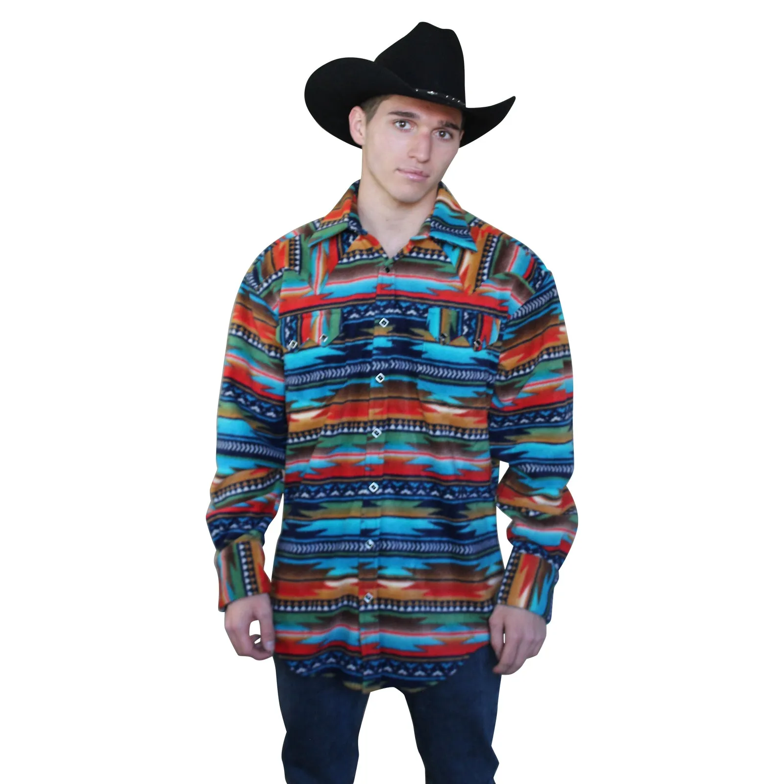 Men's Serape Pattern Fleece Western Shirt in Multi-Color Turquoise