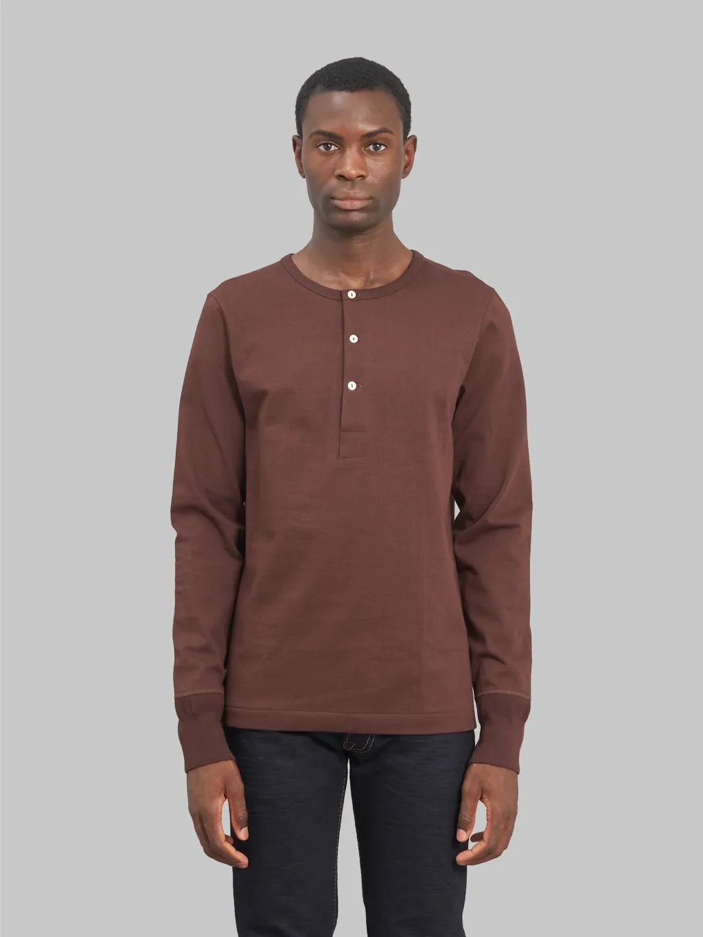 Merz b. Schwanen 206 Heavyweight 7.2oz Long Sleeve Henley Loopwheeled Classic Fit T-Shirt Coffee