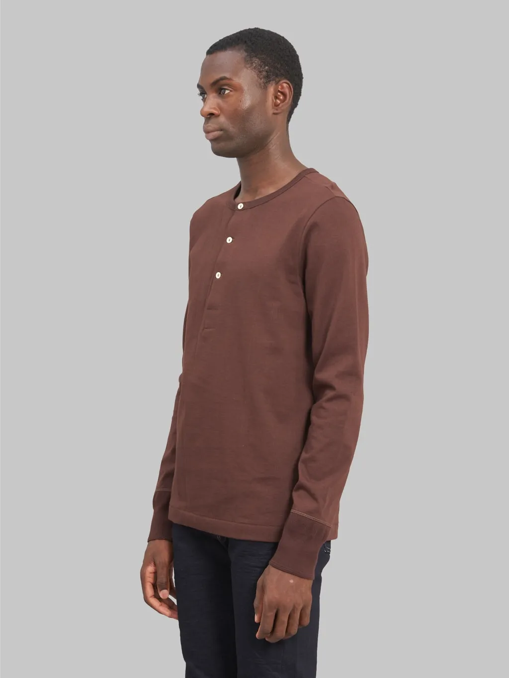 Merz b. Schwanen 206 Heavyweight 7.2oz Long Sleeve Henley Loopwheeled Classic Fit T-Shirt Coffee