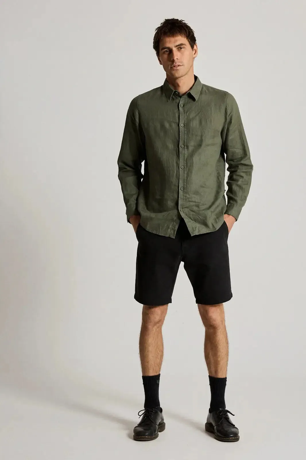 Mr simple linen long sleeve shirt - fatigue