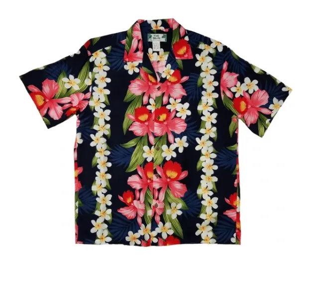 Orchid and Plumeria Hawaiian Aloha Shirt | Navy