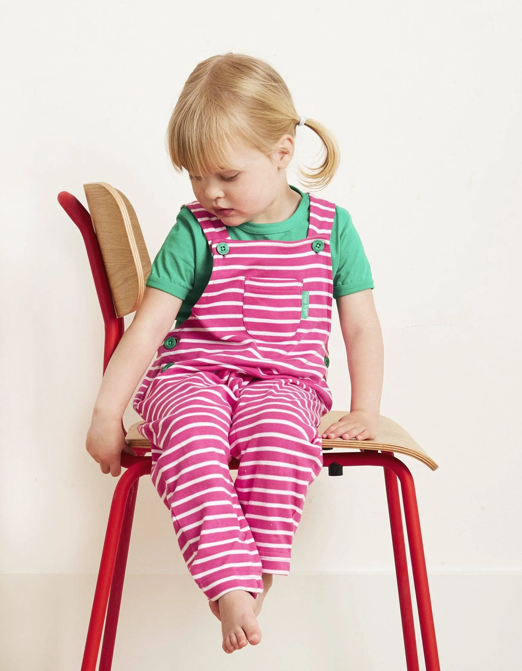 Organic Pink Breton Stripe Dungarees - Toby Tiger