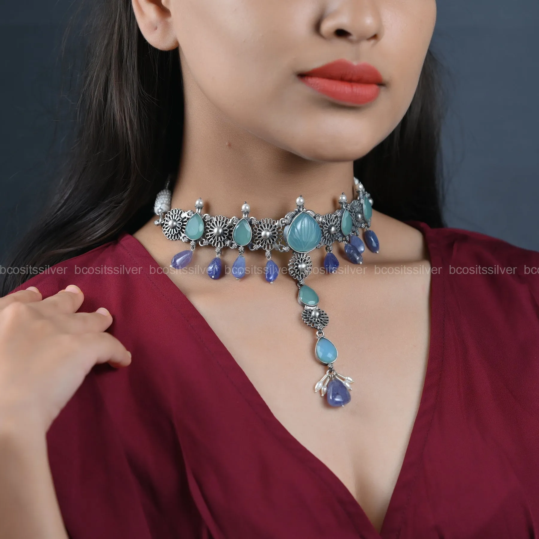 Oxidized with Semi Precious Beads Choker - 6642