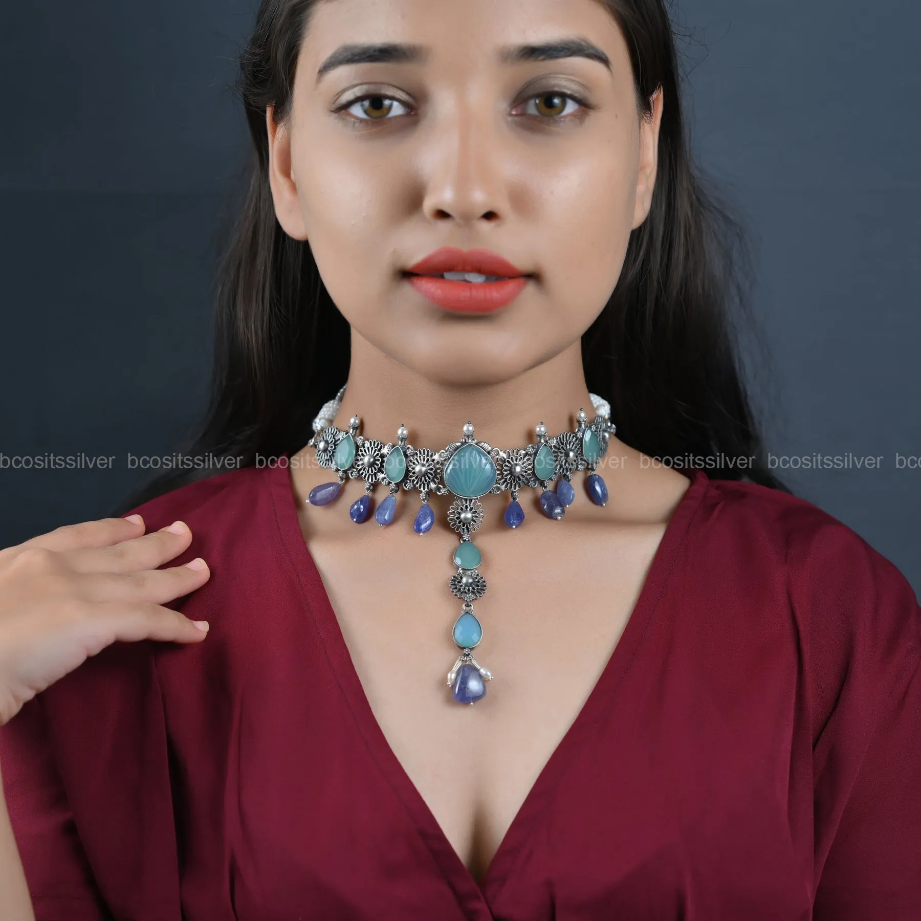 Oxidized with Semi Precious Beads Choker - 6642