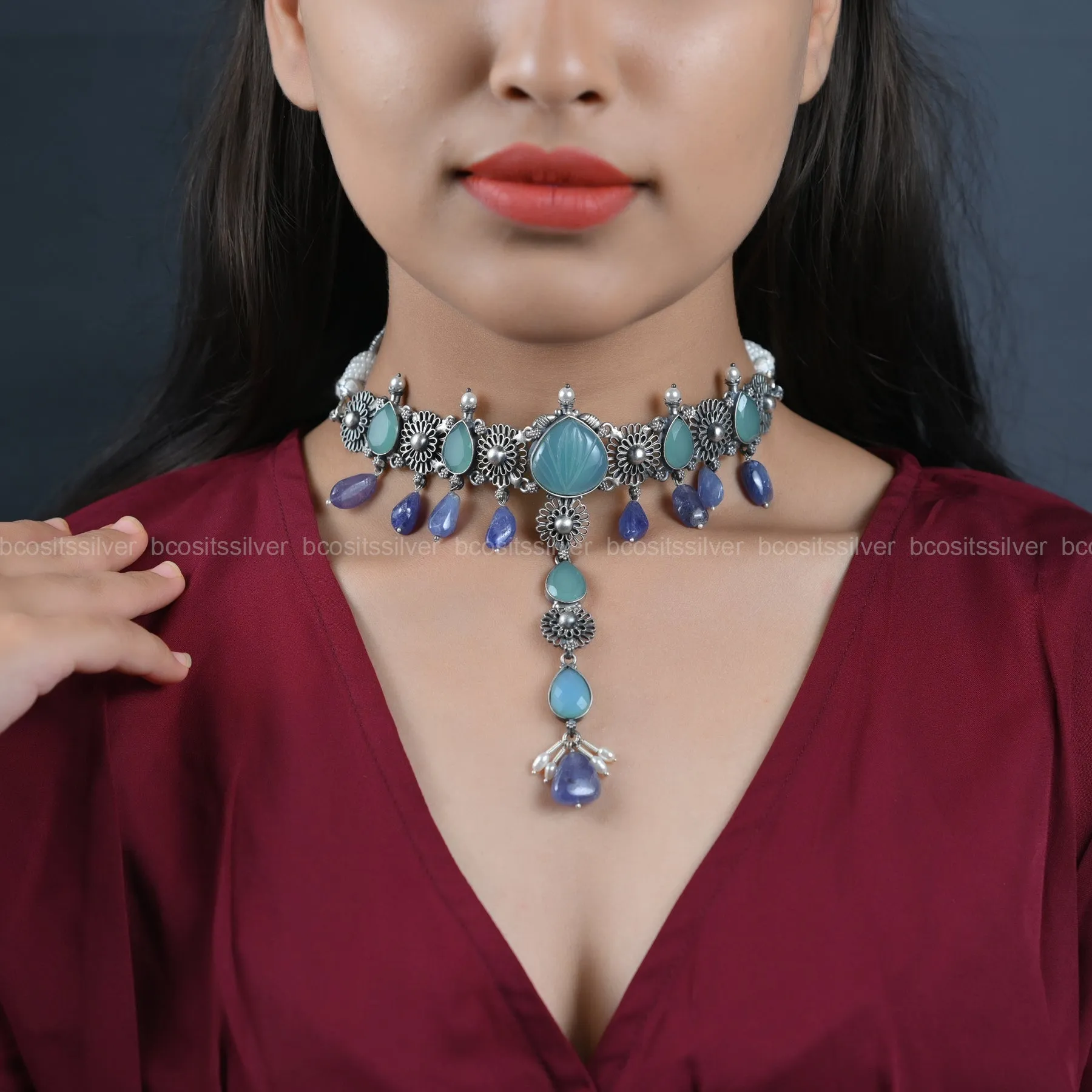 Oxidized with Semi Precious Beads Choker - 6642