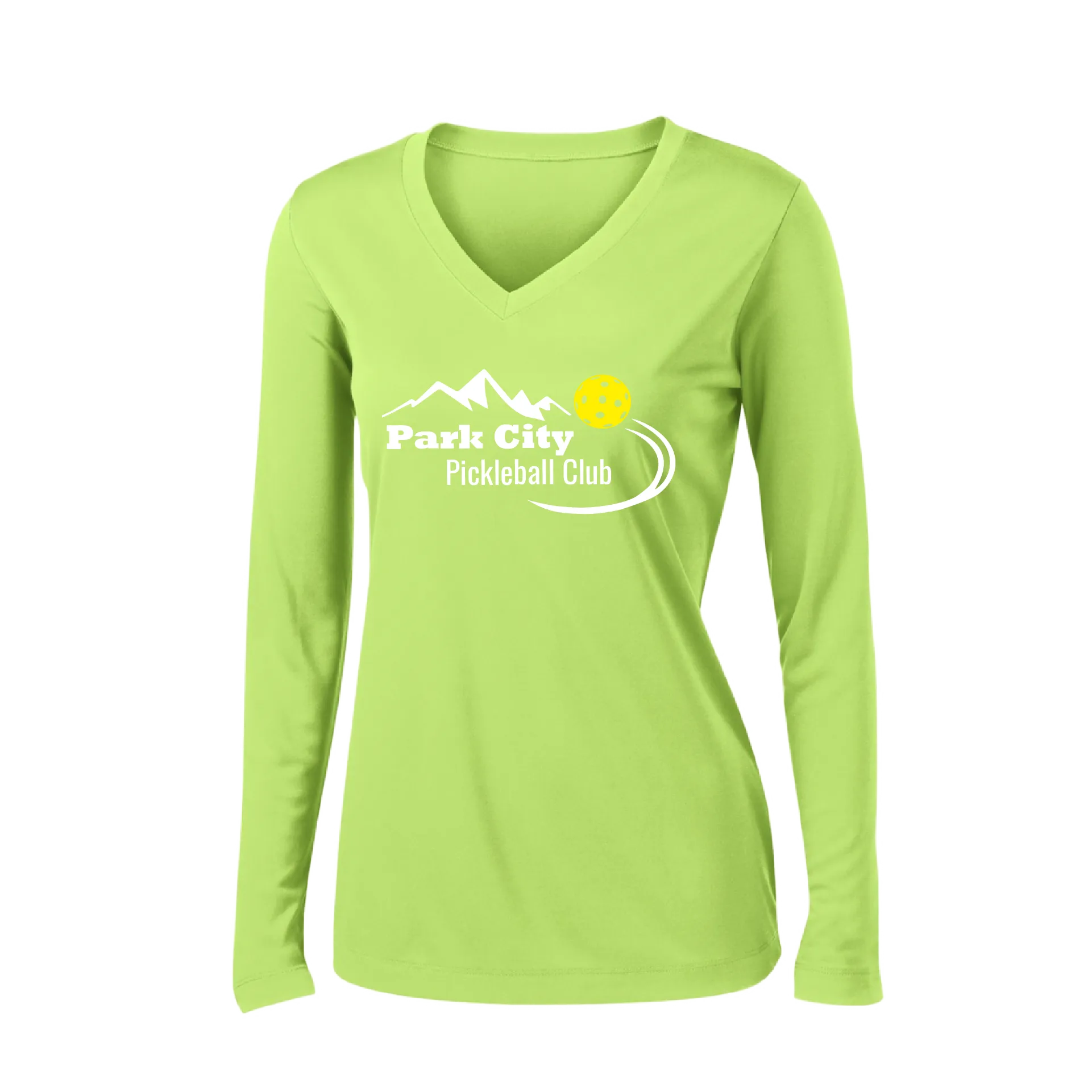 Park City Pickleball Club (White) | Women's Long Sleeve V-Neck Pickleball Shirts | 100% Polyester