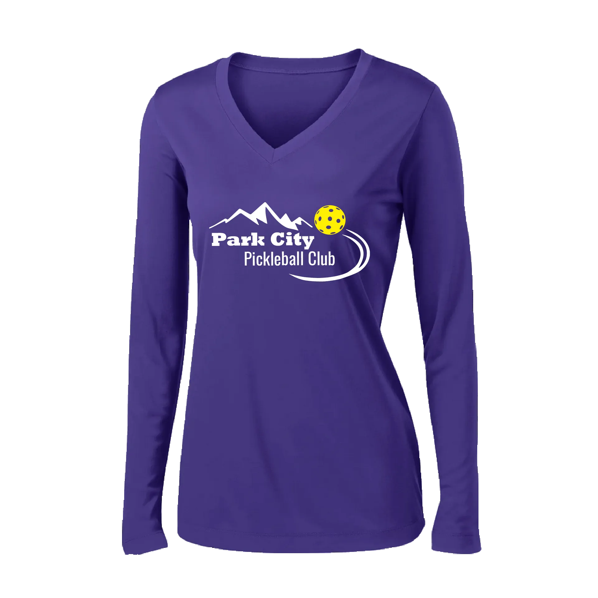 Park City Pickleball Club (White) | Women's Long Sleeve V-Neck Pickleball Shirts | 100% Polyester