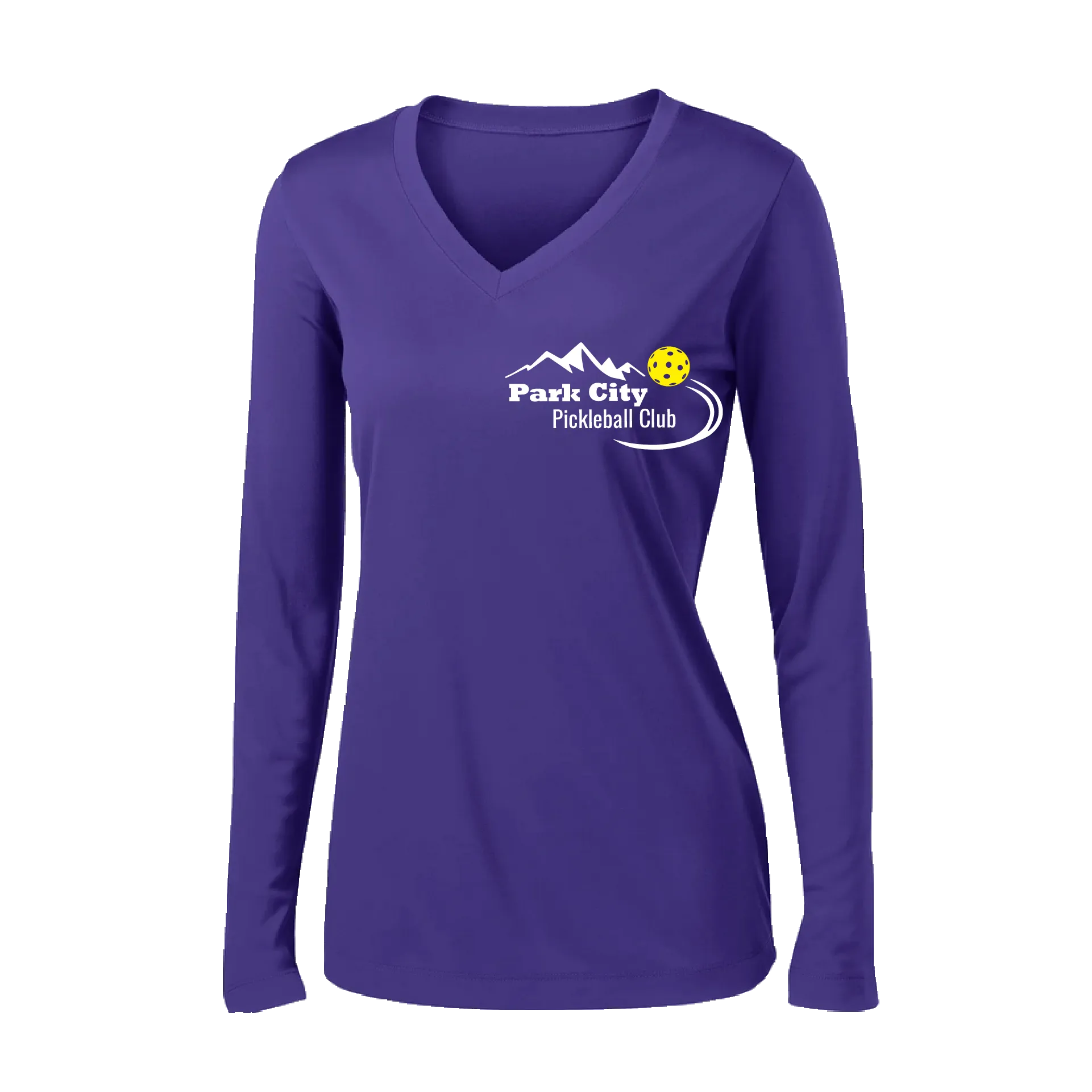 Park City Pickleball Club (White) | Women's Long Sleeve V-Neck Pickleball Shirts | 100% Polyester