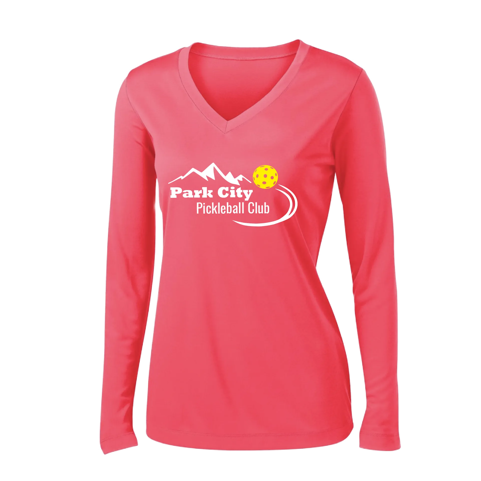 Park City Pickleball Club (White) | Women's Long Sleeve V-Neck Pickleball Shirts | 100% Polyester