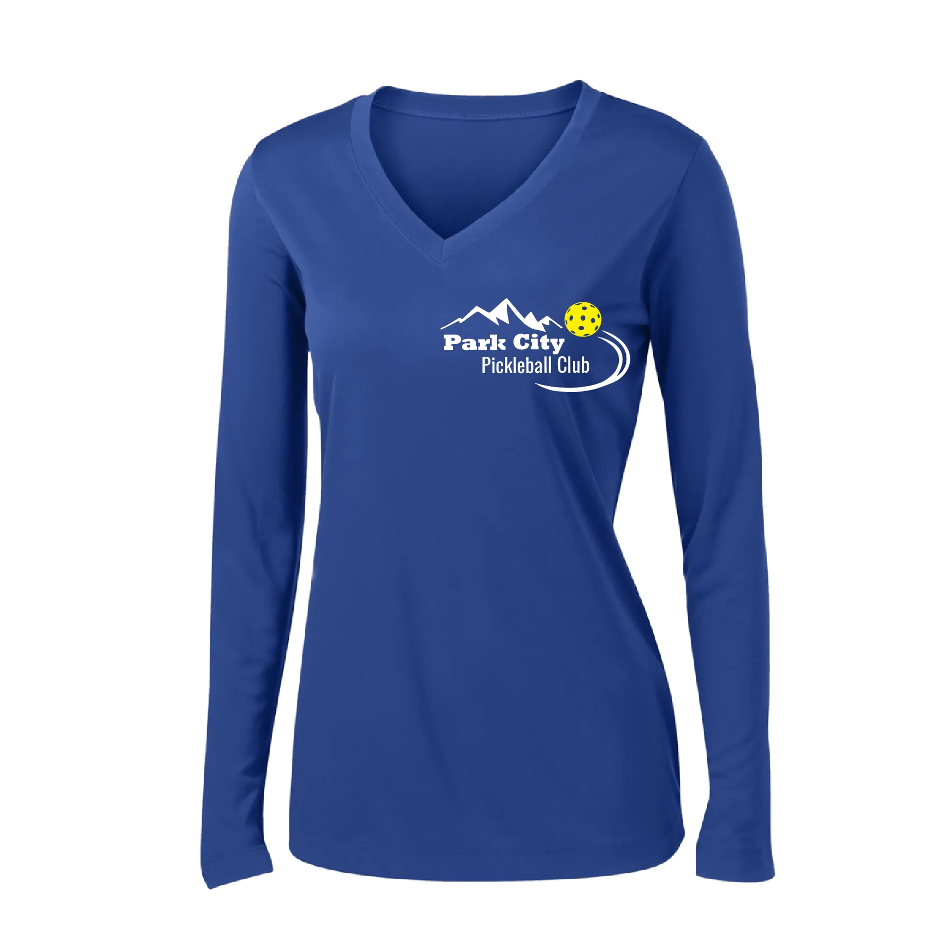 Park City Pickleball Club (White) | Women's Long Sleeve V-Neck Pickleball Shirts | 100% Polyester