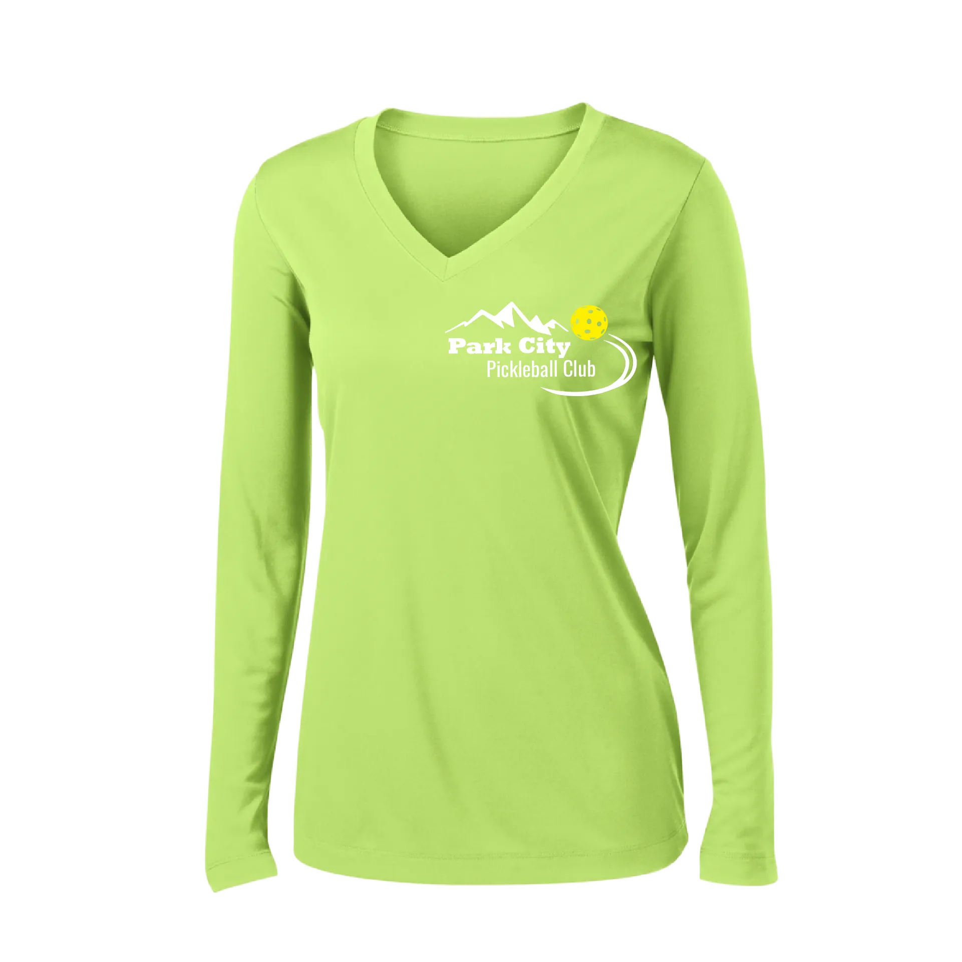 Park City Pickleball Club (White) | Women's Long Sleeve V-Neck Pickleball Shirts | 100% Polyester