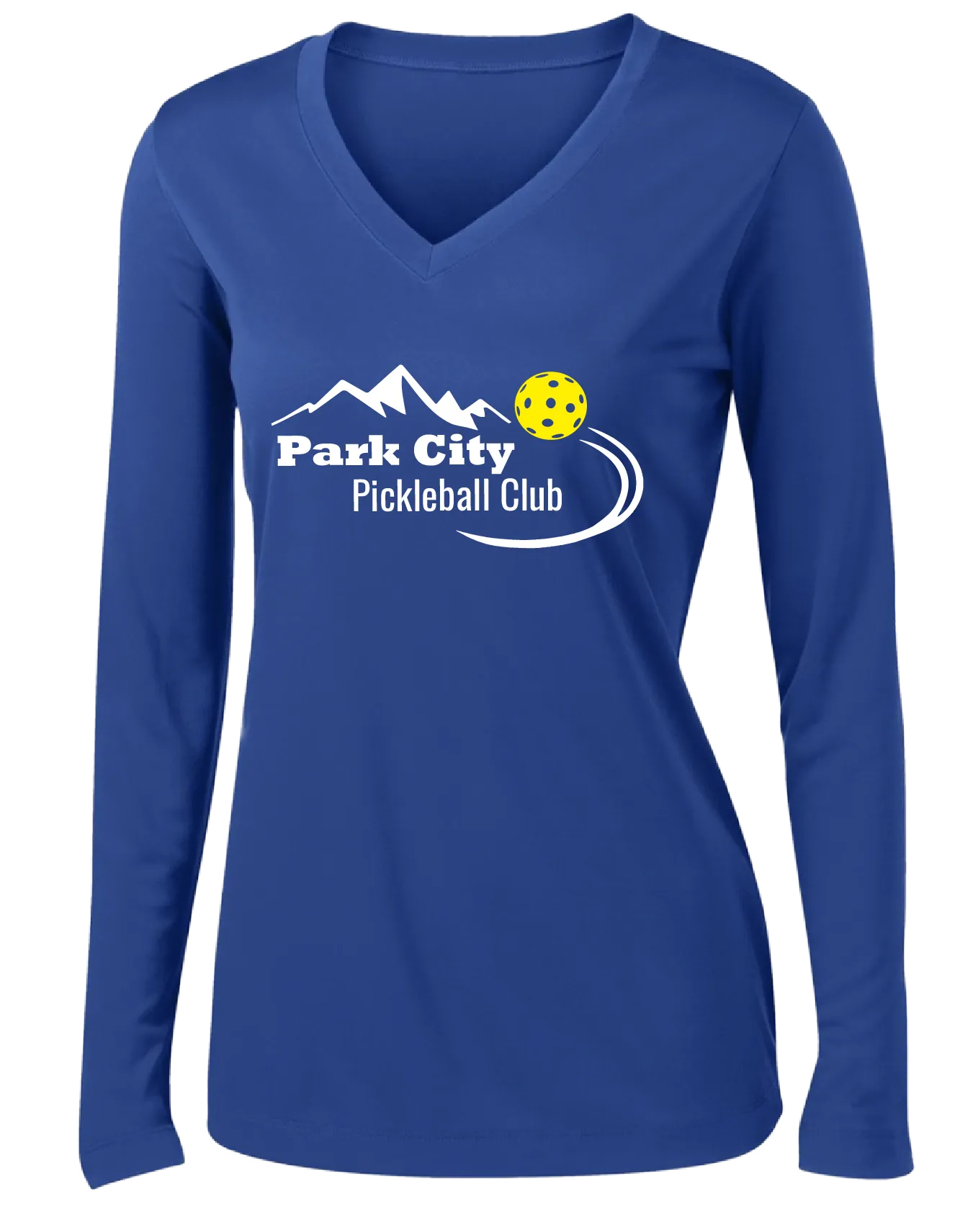 Park City Pickleball Club (White) | Women's Long Sleeve V-Neck Pickleball Shirts | 100% Polyester