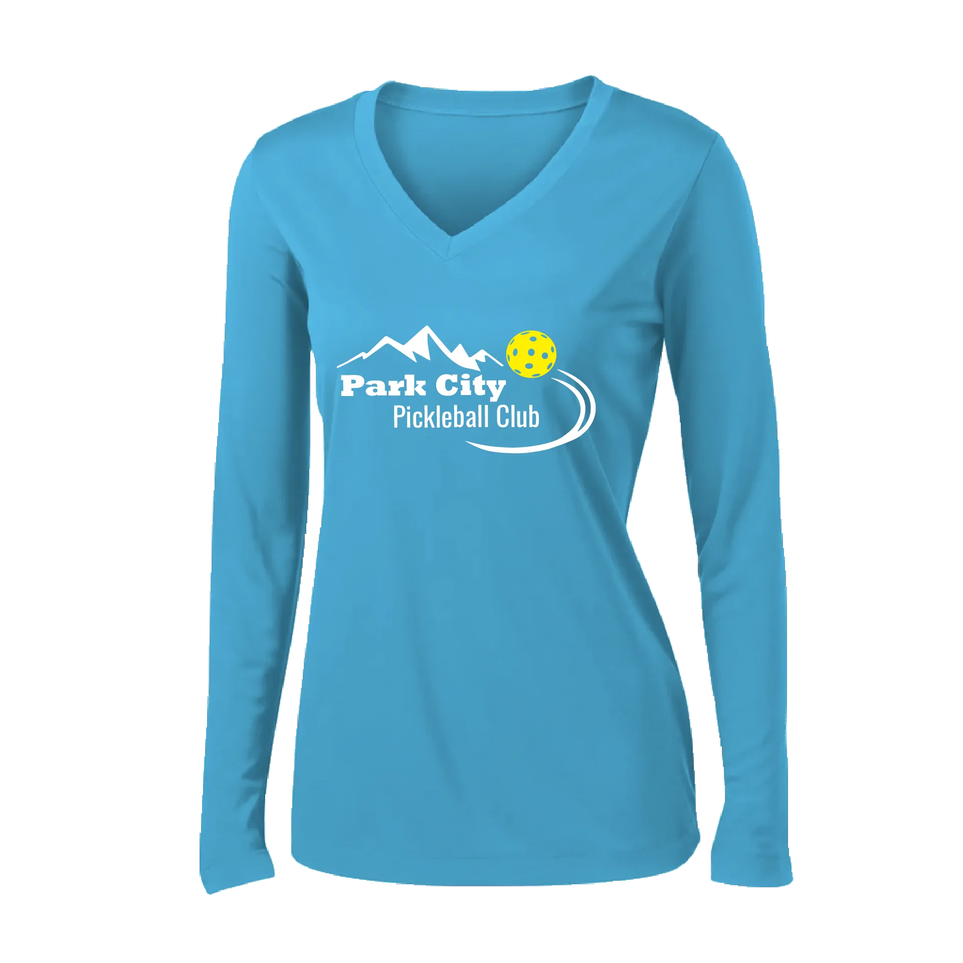 Park City Pickleball Club (White) | Women's Long Sleeve V-Neck Pickleball Shirts | 100% Polyester