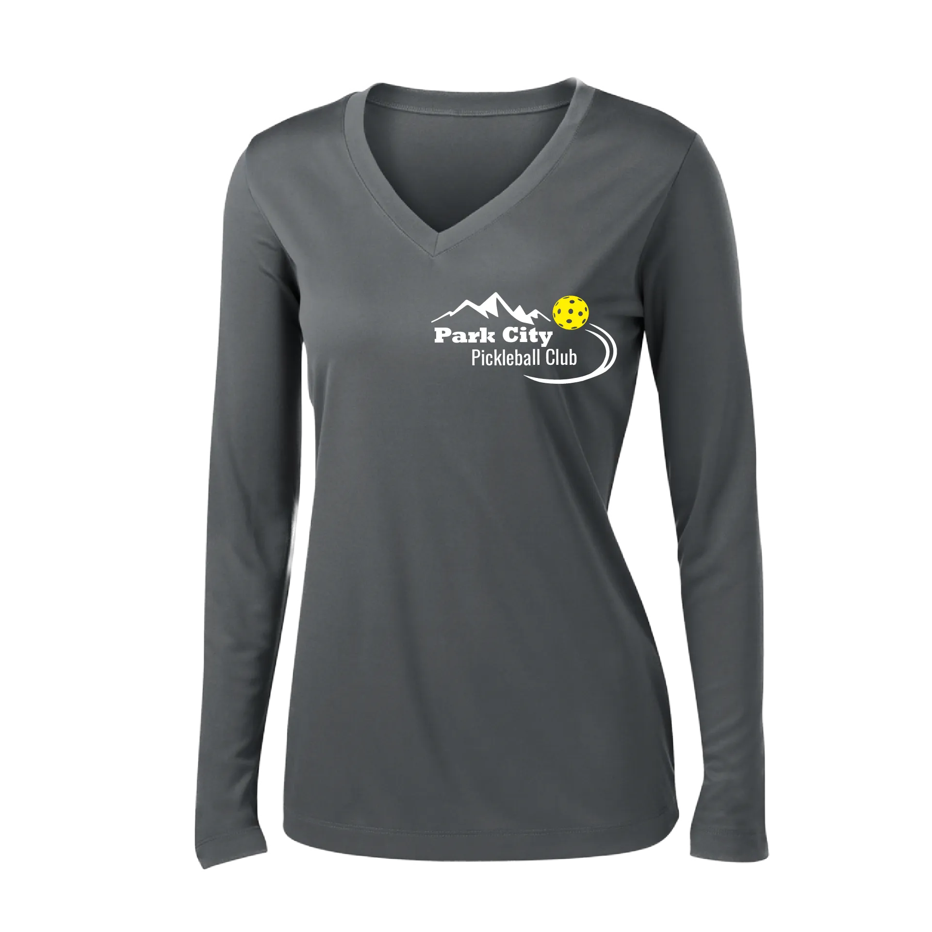 Park City Pickleball Club (White) | Women's Long Sleeve V-Neck Pickleball Shirts | 100% Polyester