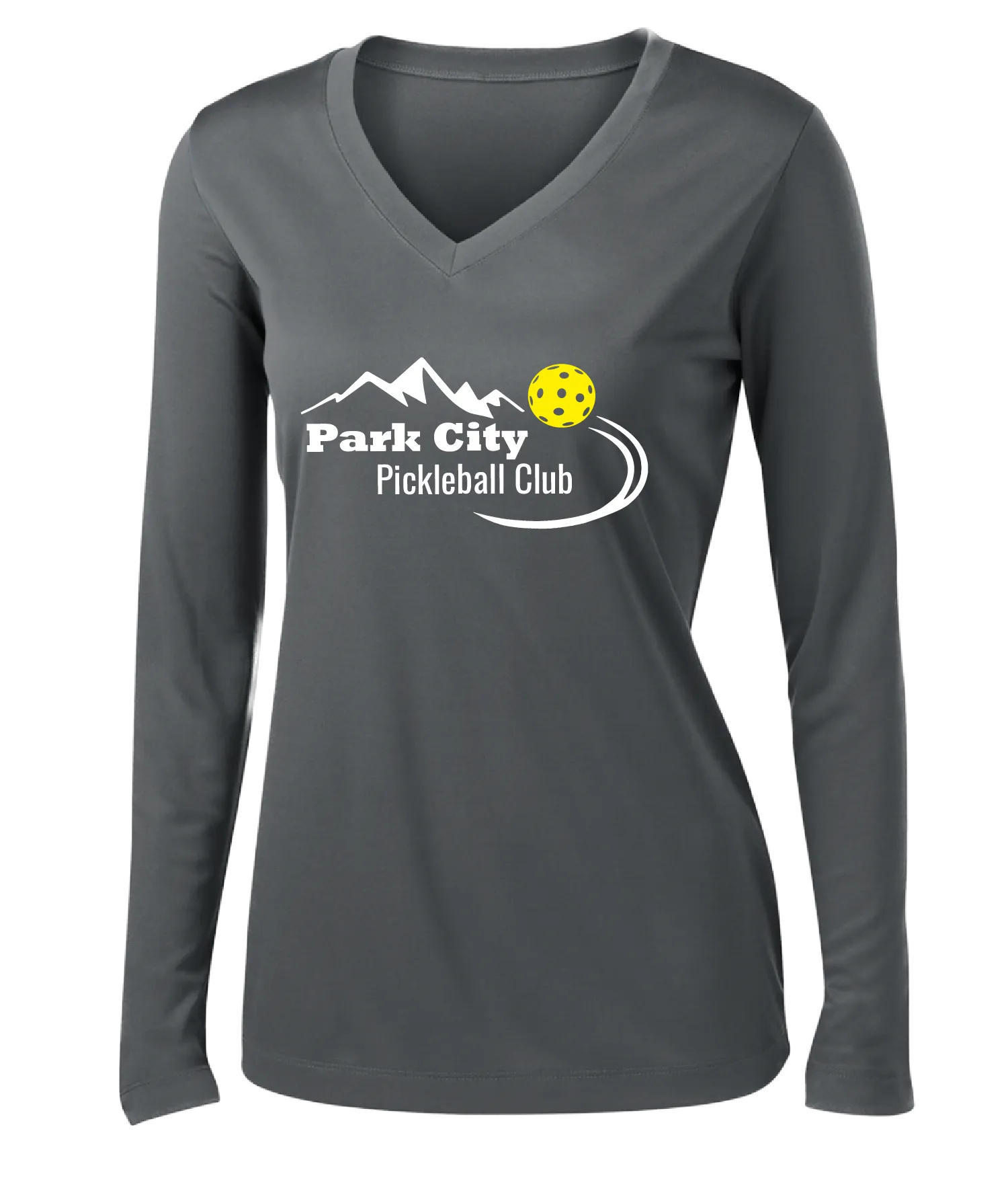 Park City Pickleball Club (White) | Women's Long Sleeve V-Neck Pickleball Shirts | 100% Polyester