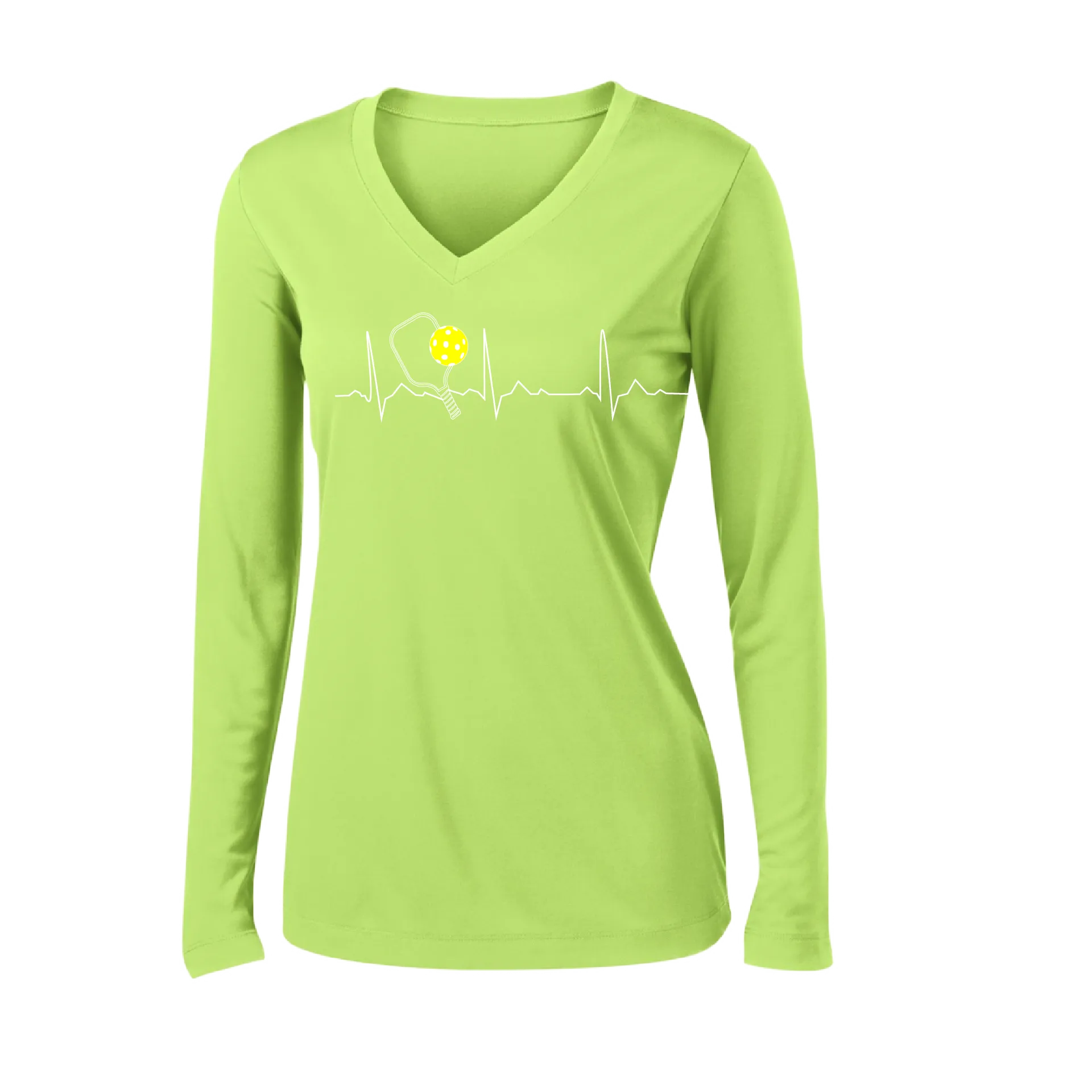 Pickleball Heartbeat EKG | Women's Long Sleeve V-Neck Pickleball Shirts | 100% Polyester