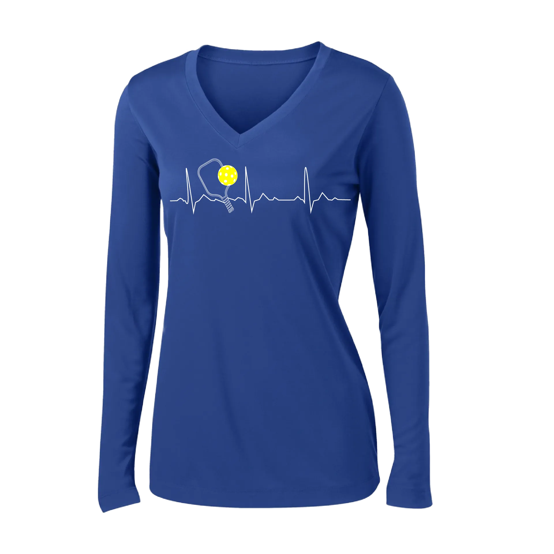 Pickleball Heartbeat EKG | Women's Long Sleeve V-Neck Pickleball Shirts | 100% Polyester