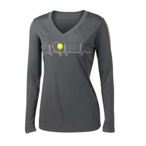 Pickleball Heartbeat EKG | Women's Long Sleeve V-Neck Pickleball Shirts | 100% Polyester