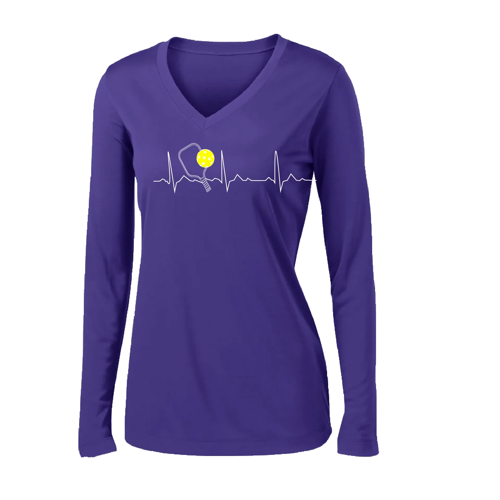 Pickleball Heartbeat EKG | Women's Long Sleeve V-Neck Pickleball Shirts | 100% Polyester