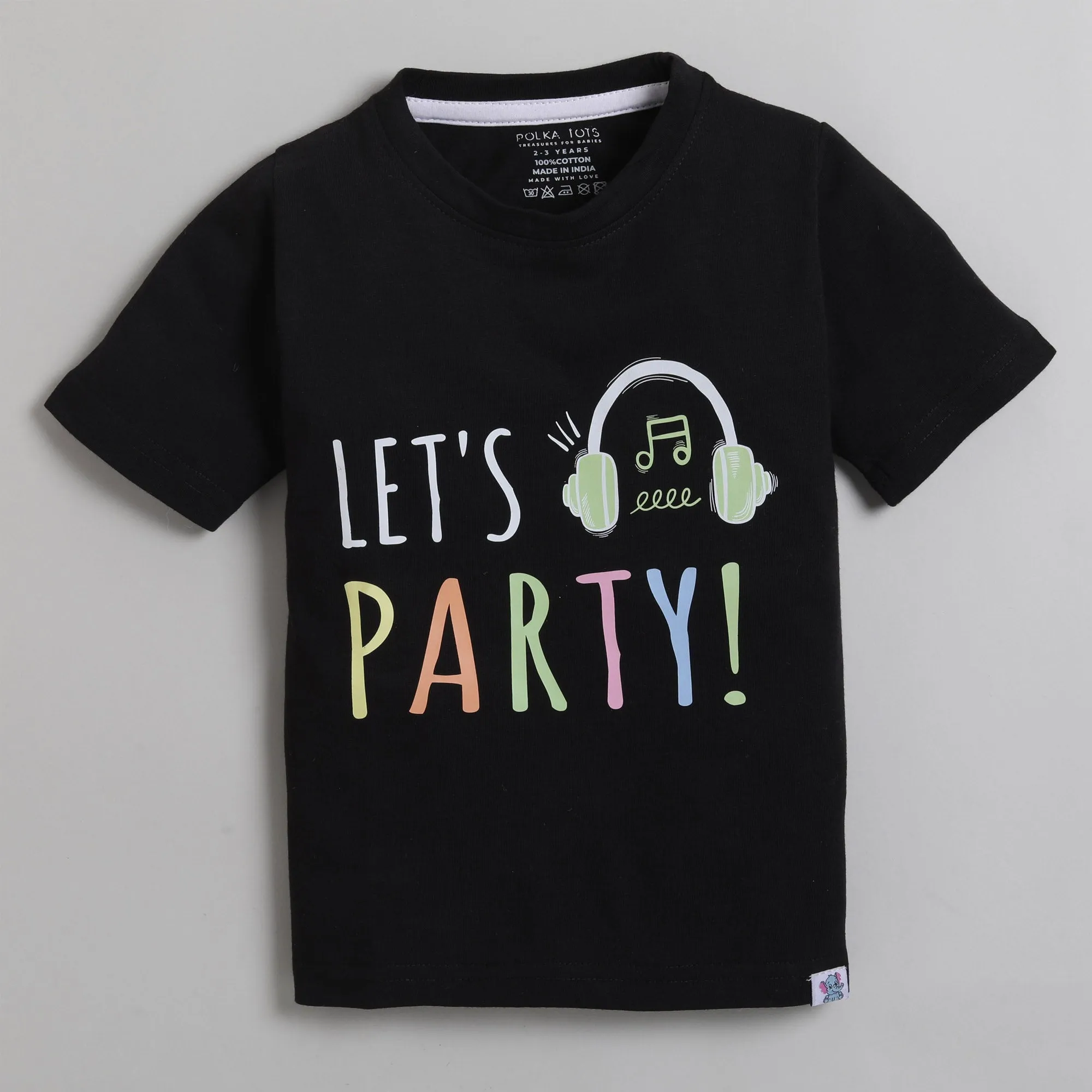 Polka Tots Half Sleeve T-Shirt Lets Party Print - Black