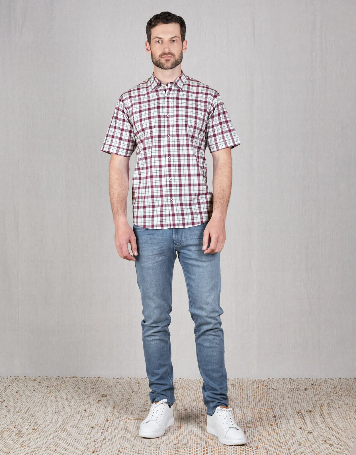 Raglan Burgundy Check Short Sleeve Shirt