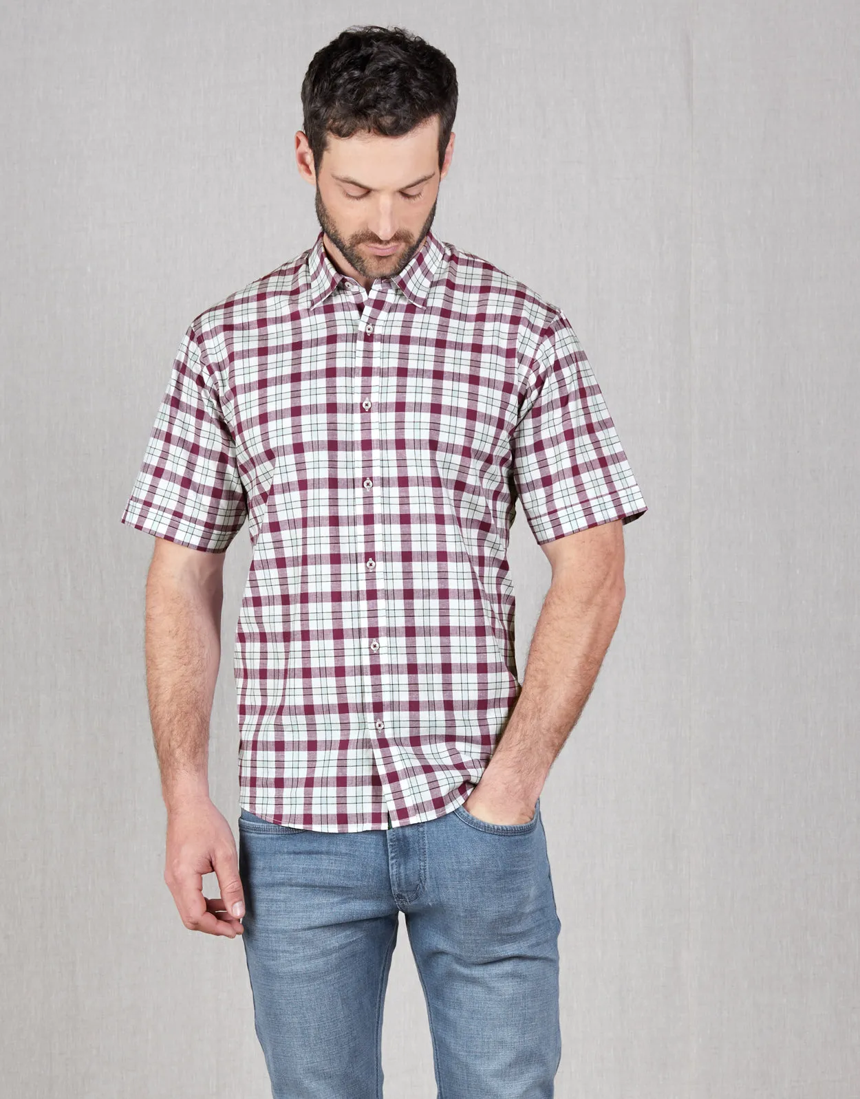 Raglan Burgundy Check Short Sleeve Shirt