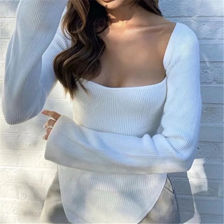 Slim Fit Ribbed Knit Long Sleeve Corset Top Shirts