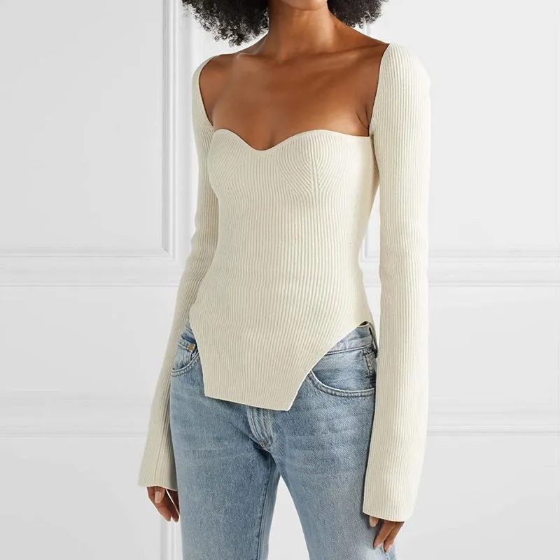 Slim Fit Ribbed Knit Long Sleeve Corset Top Shirts