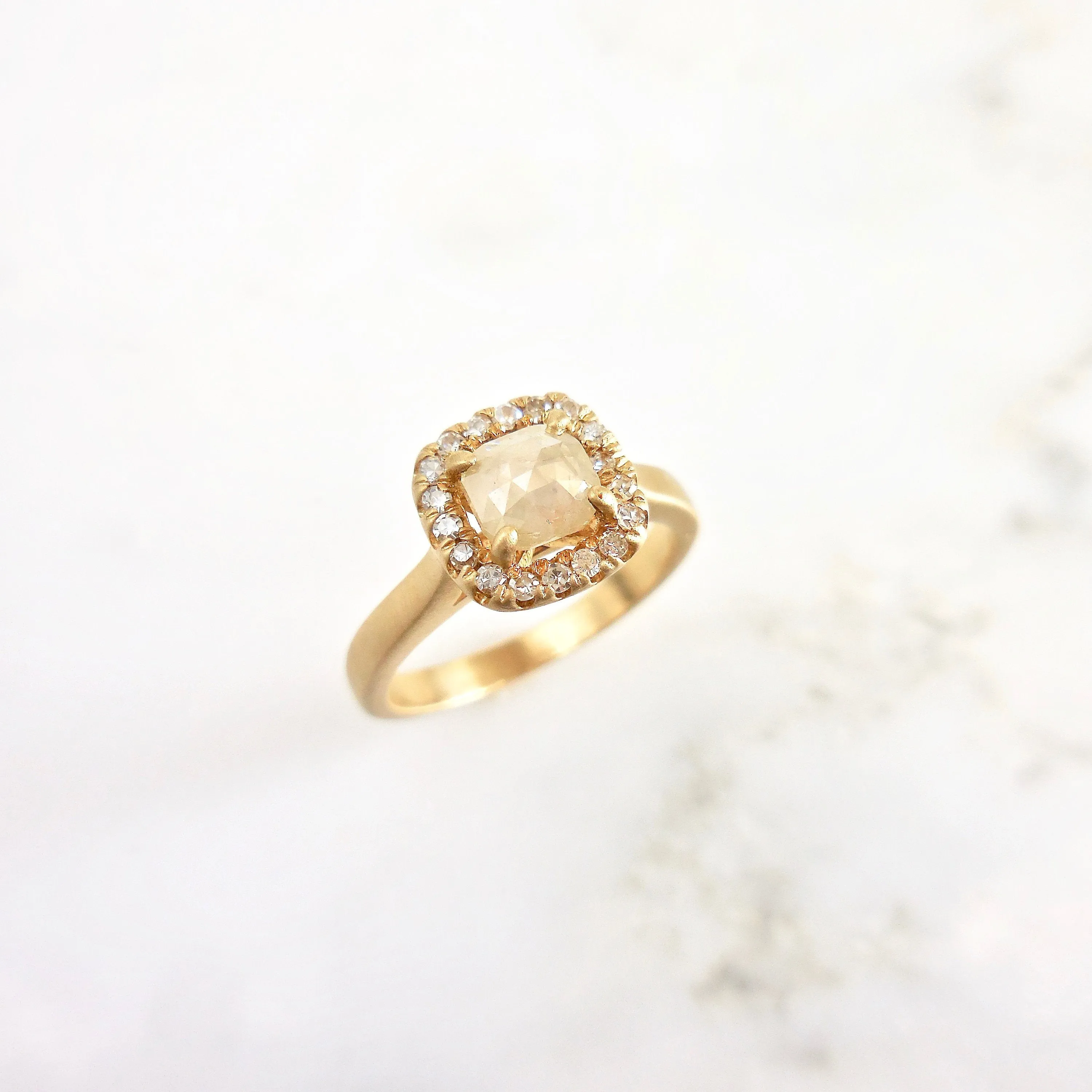 Square Diamond Halo Engagement Ring - Yellow Diamond Engagement Ring - Rustic Yellow Diamond Engagement Ring